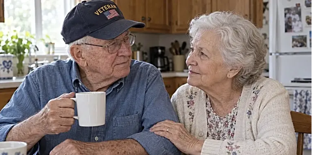 An older couple talking together at their kitchen table