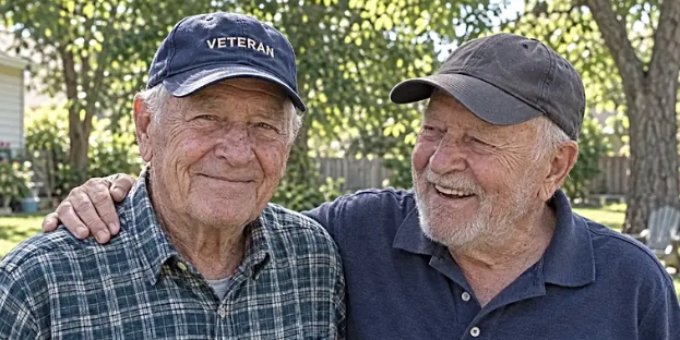 Two older friends sharing a smile outdoors